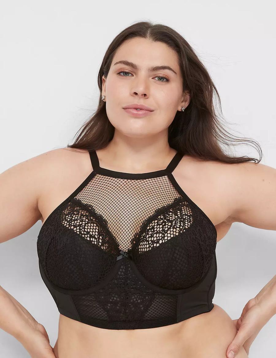 Women Lane Bryant Fishnet High-Neck French Balconette Bra Black | VHC1121WP