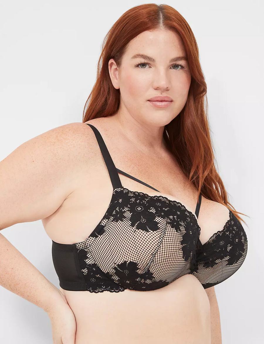 Women Lane Bryant Fishnet Lace Max Boost Plunge Bralettes Black | KTV2642GU