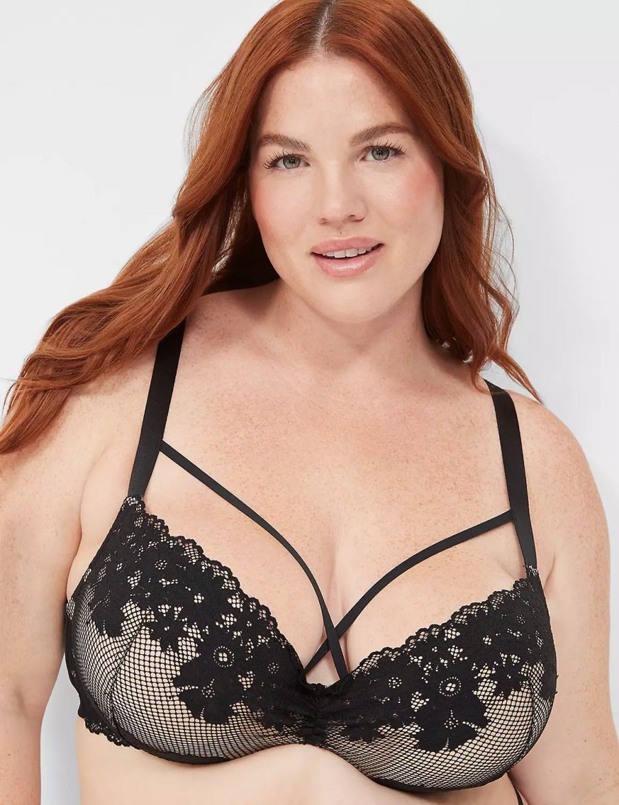 Women Lane Bryant Fishnet Lace Max Boost Plunge Bralettes Black | KTV2642GU