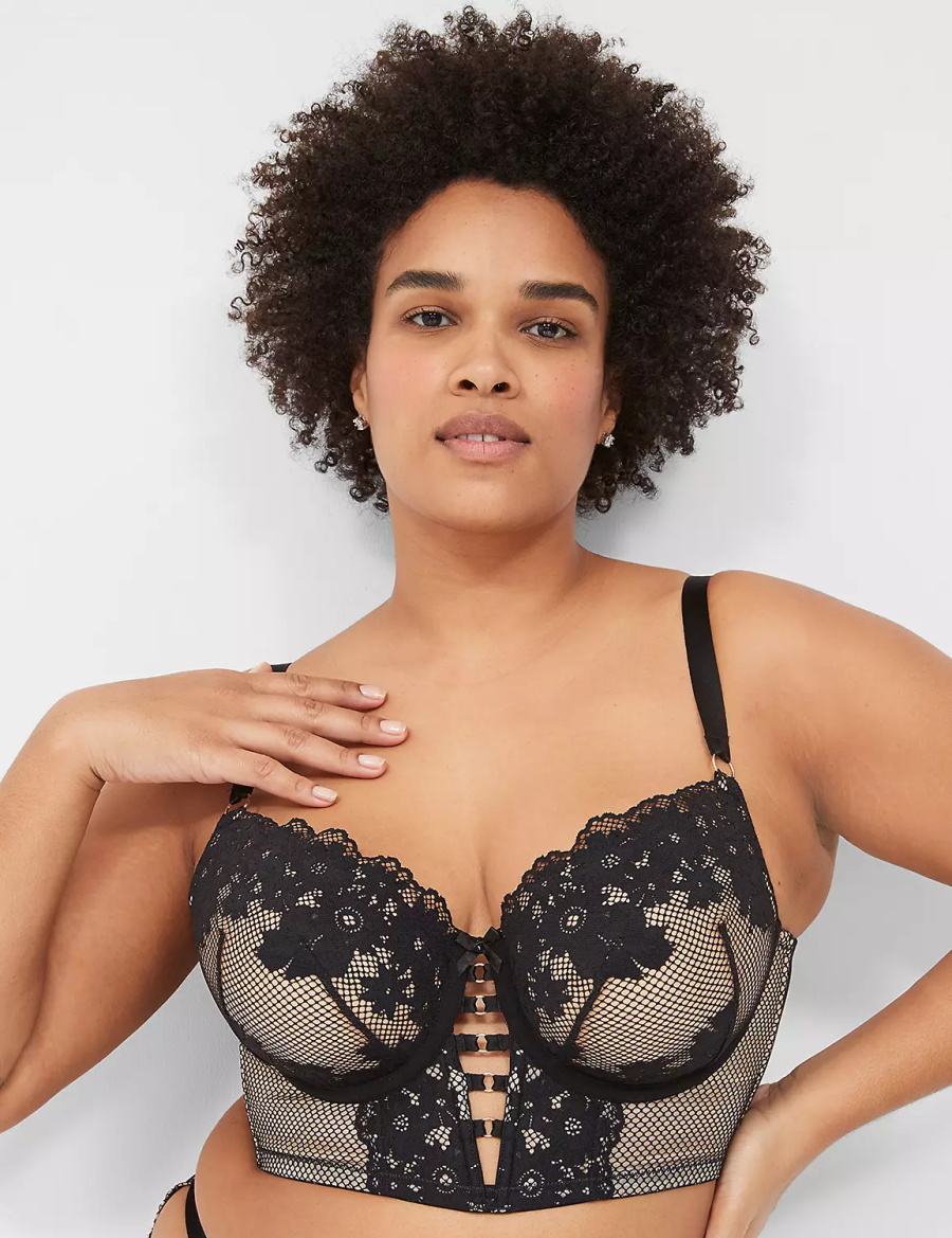 Women Lane Bryant Fishnet Longline Boost Balconette Bra Black | VWS8018HY