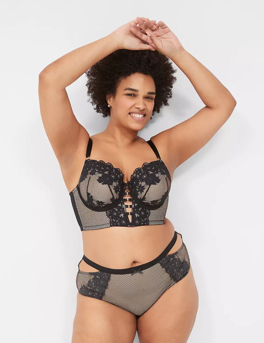 Women Lane Bryant Fishnet Longline Boost Balconette Bra Black | VWS8018HY