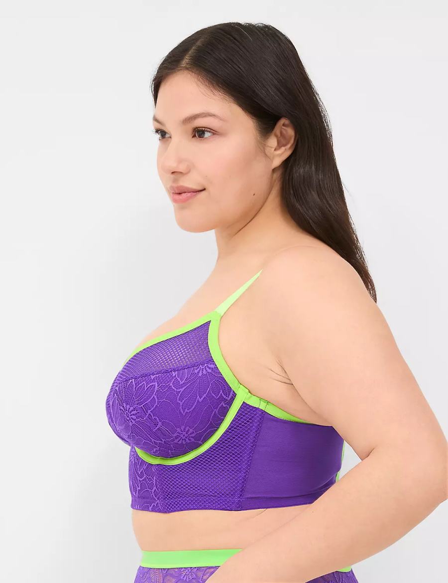 Women Lane Bryant Fishnet & Lace Lightly Lined Demi Longline Bralettes Purple | THV858MK