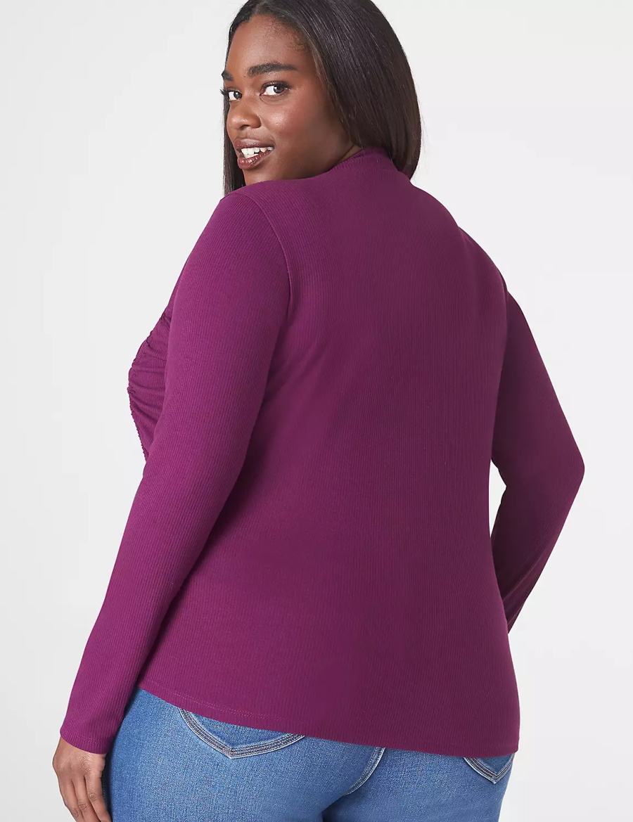 Women Lane Bryant Fitted Crop Mock-Neck Double-Drawcord Tee T Shirts Dark Purple | PPE9919GQ