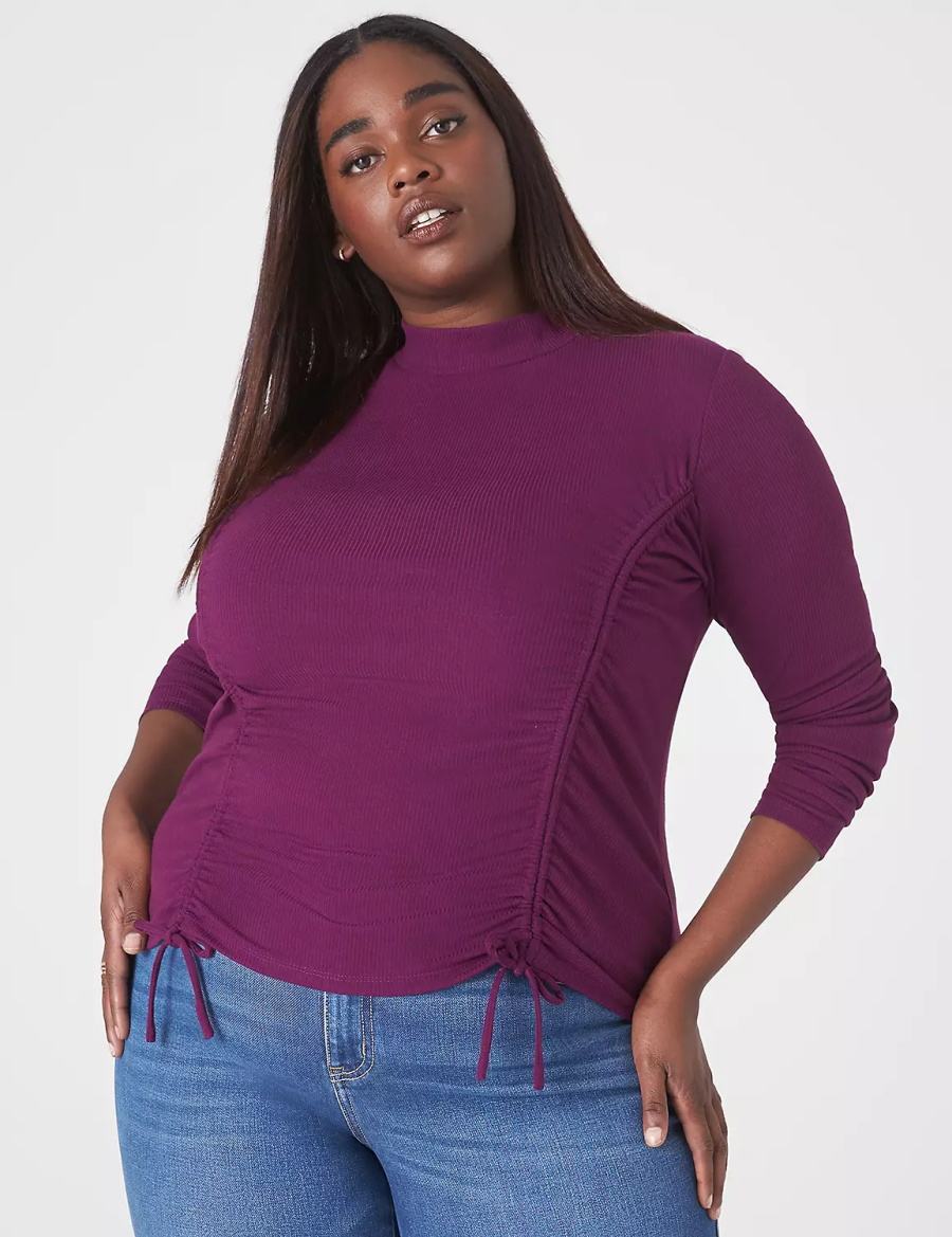 Women Lane Bryant Fitted Crop Mock-Neck Double-Drawcord Tee T Shirts Dark Purple | PPE9919GQ