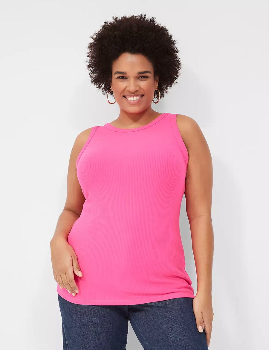 Women Lane Bryant Fitted High-Neck Rib Tank Top Pink | DTX187ZB