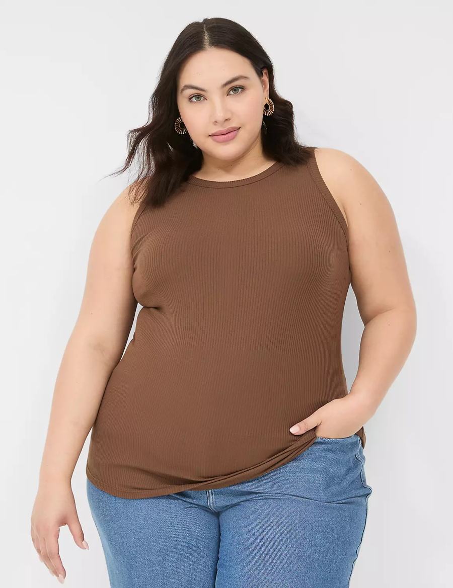 Women Lane Bryant Fitted High-Neck Rib Tank Top Brown | UYG9349IU