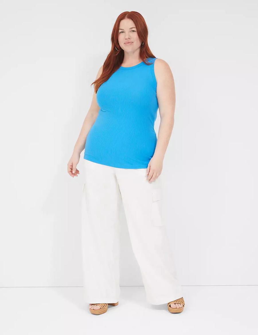 Women Lane Bryant Fitted High-Neck Rib Tank Top Blue | ZOF7258AA