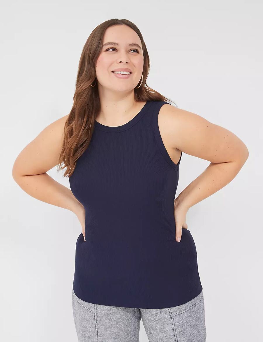 Women Lane Bryant Fitted High-Neck Rib Tank Top Blue | LWB9099UW