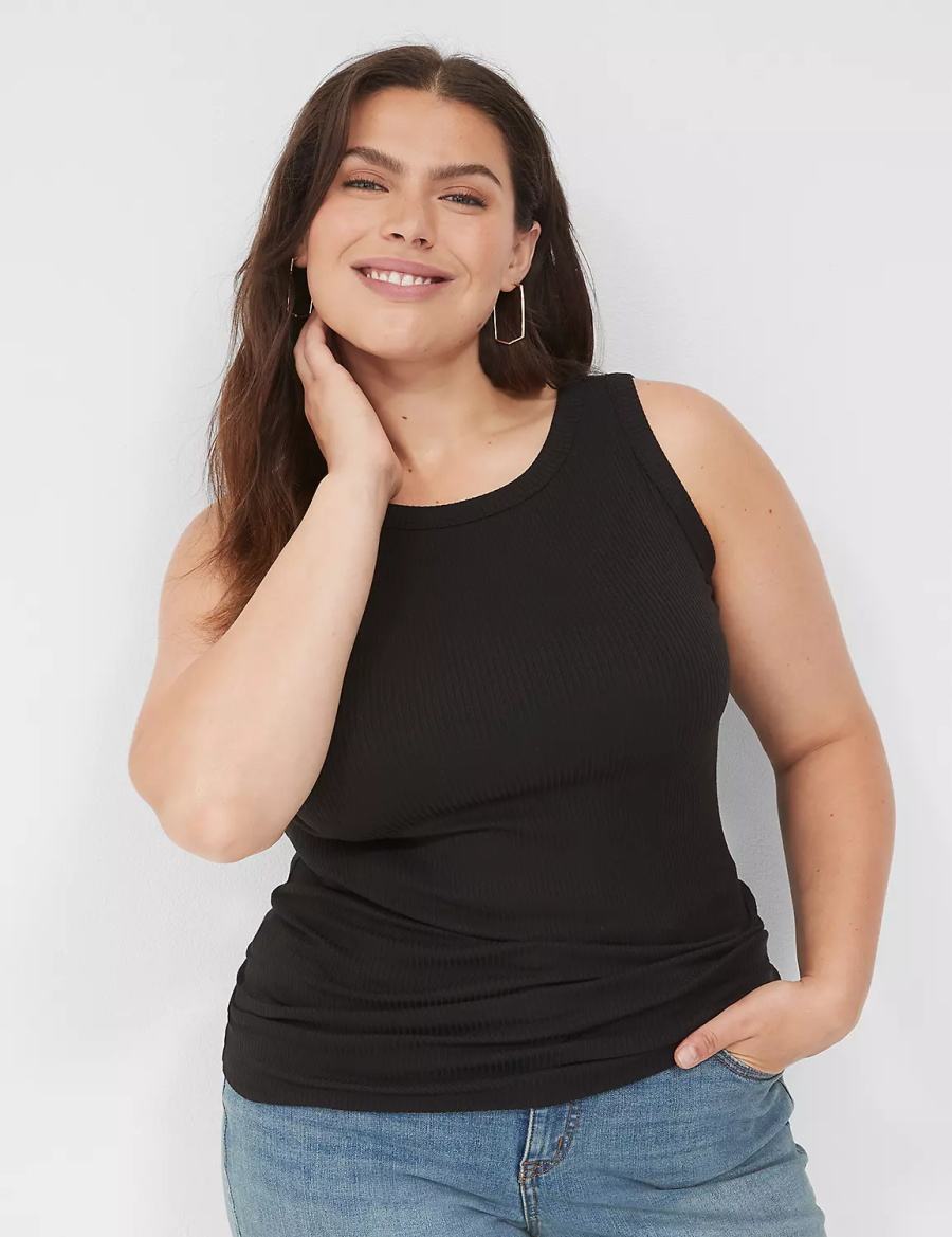 Women Lane Bryant Fitted High-Neck Rib Tank Top Black | DPV7472UA