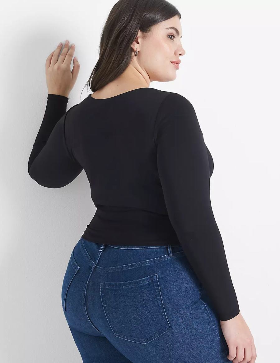 Women Lane Bryant Fitted Long-Sleeve Crop Tee T Shirts Black | QFK3717XL