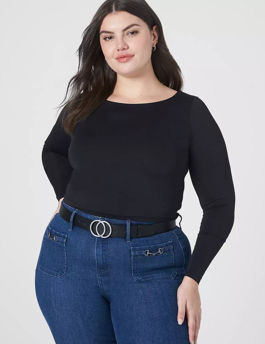 Women Lane Bryant Fitted Long-Sleeve Crop Tee T Shirts Black | QFK3717XL