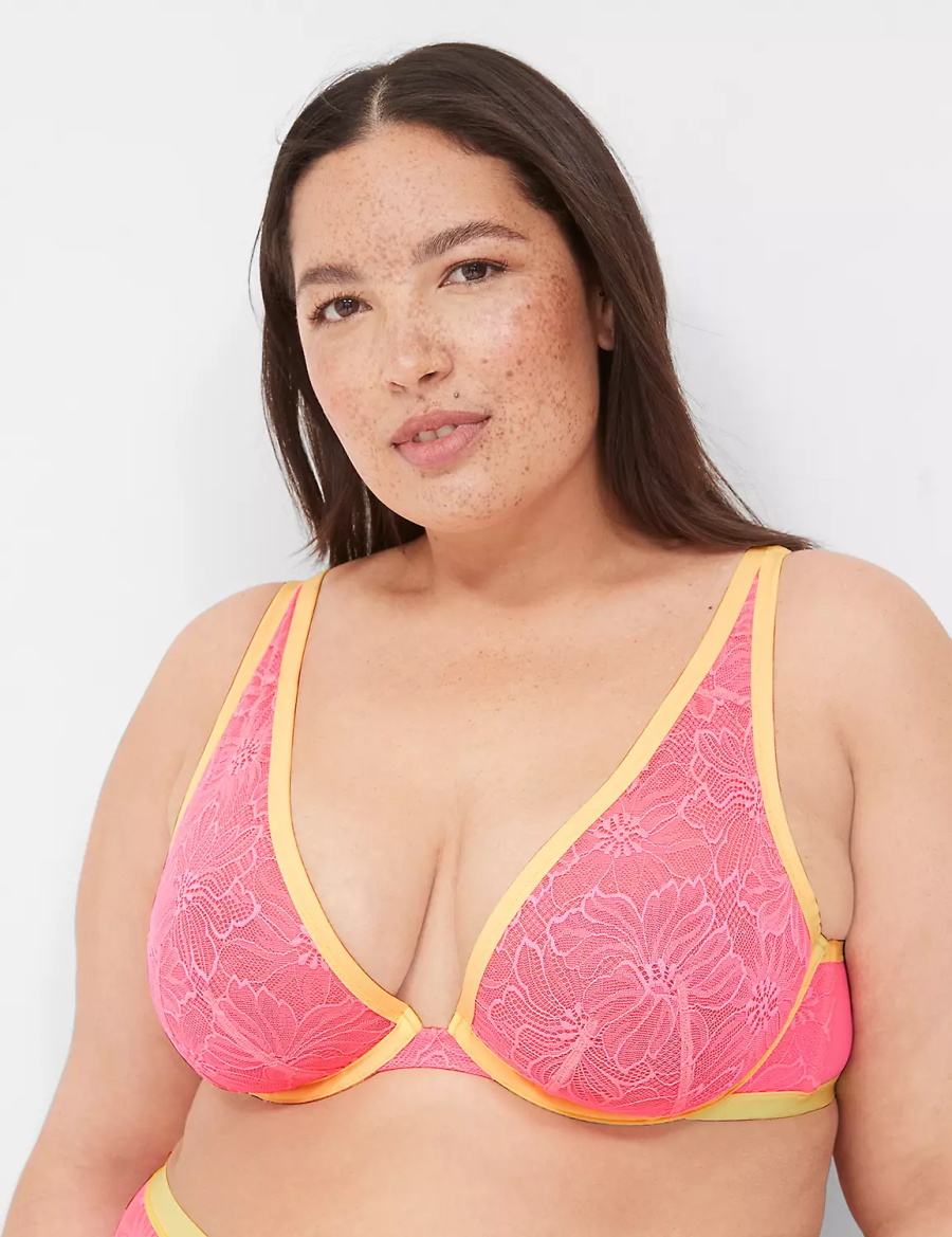 Women Lane Bryant Flower Lace High Apex Unlined Bra Pink | KSX2371PZ