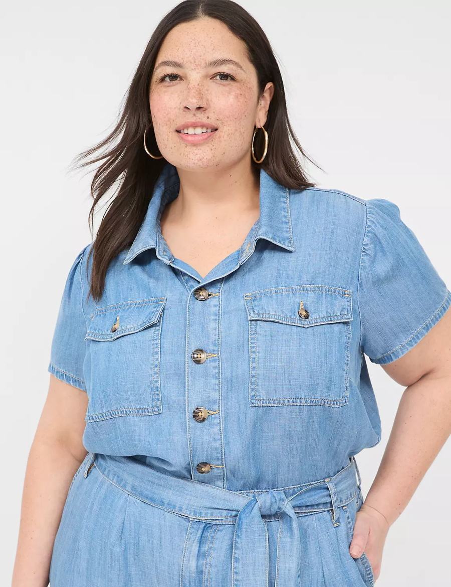 Women Lane Bryant Fluid Denim Jumpsuit Light Blue | RVY2426YS