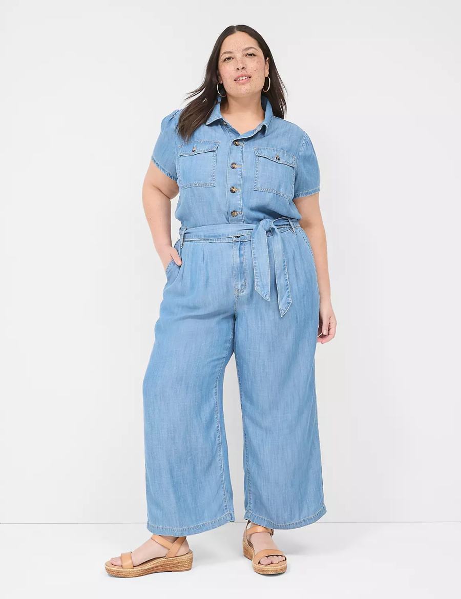 Women Lane Bryant Fluid Denim Jumpsuit Light Blue | RVY2426YS