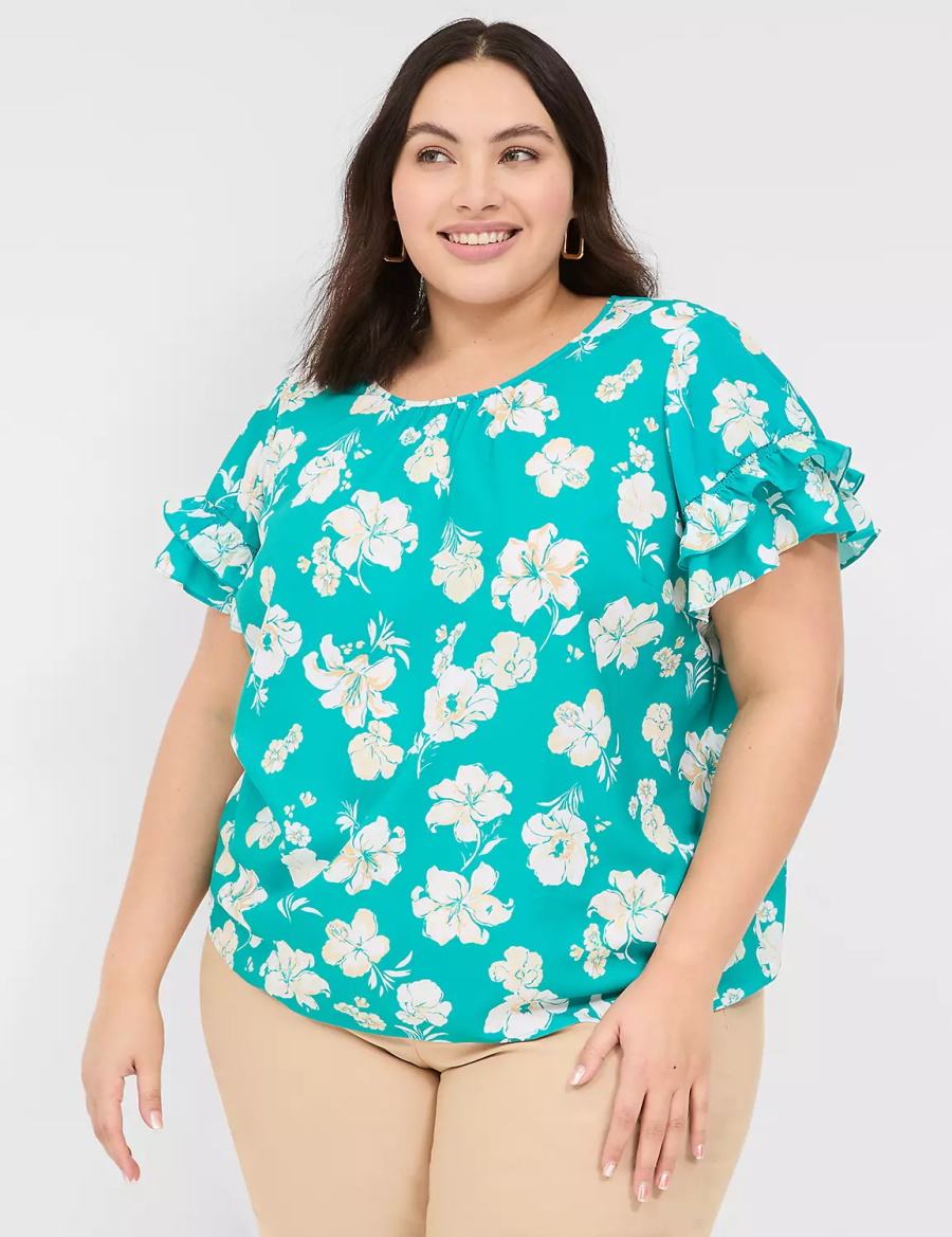 Women Lane Bryant Flutter-Sleeve Crew-Neck Top T Shirts Turquoise | KHQ163CH