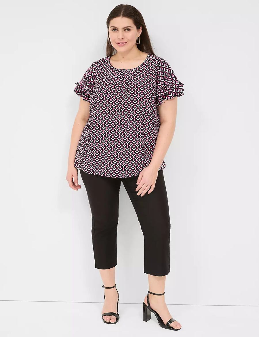 Women Lane Bryant Flutter-Sleeve Crew-Neck Top T Shirts Pink Navy | EDC5932HG