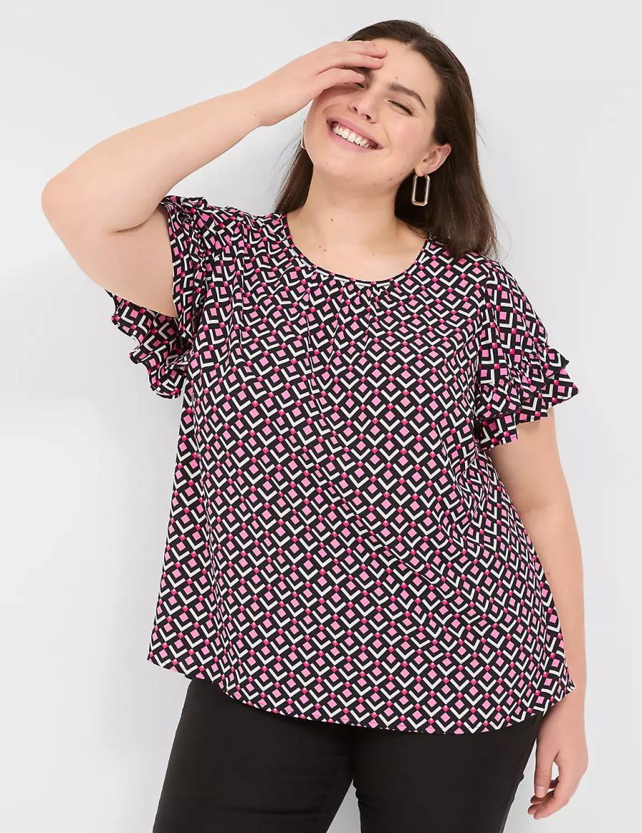 Women Lane Bryant Flutter-Sleeve Crew-Neck Top T Shirts Pink Navy | EDC5932HG