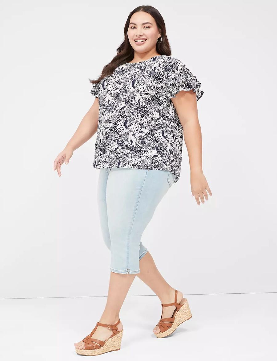 Women Lane Bryant Flutter-Sleeve Crew-Neck Top T Shirts Navy Cream | LOH5399DO