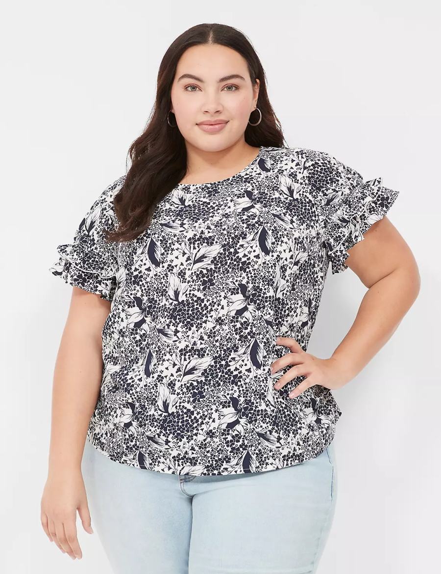 Women Lane Bryant Flutter-Sleeve Crew-Neck Top T Shirts Navy Cream | LOH5399DO