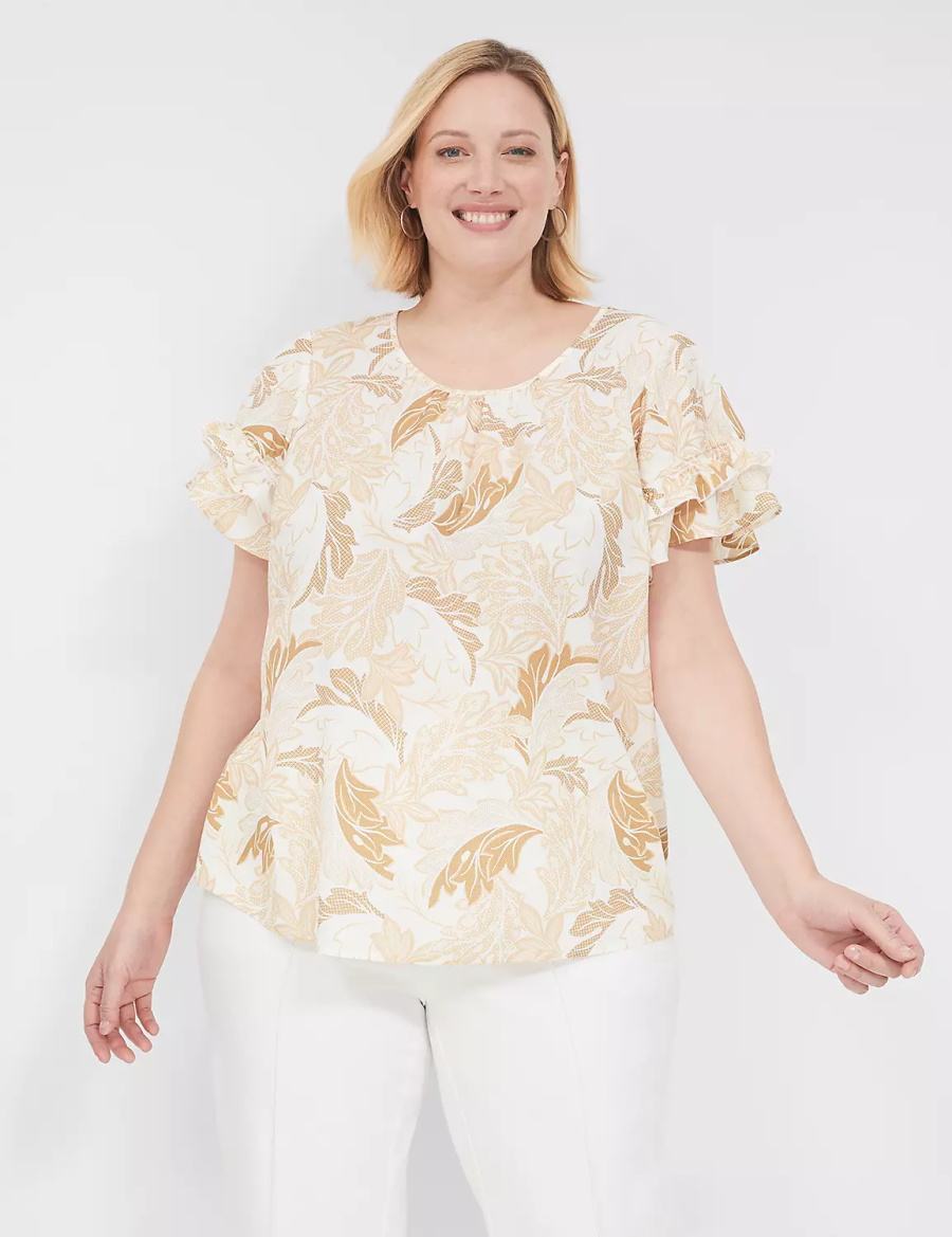 Women Lane Bryant Flutter-Sleeve Crew-Neck Top T Shirts Brown Multicolor | DRY4998OP