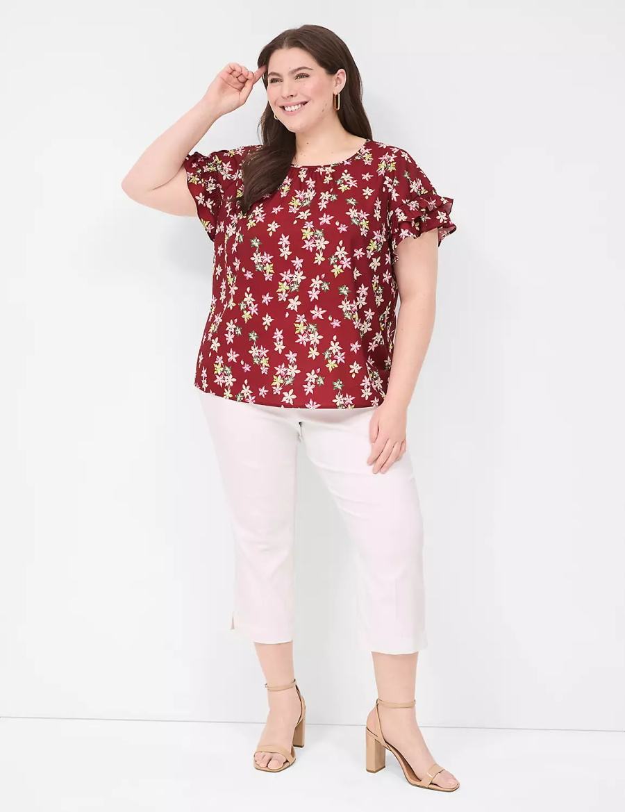 Women Lane Bryant Flutter-Sleeve Crew-Neck Top T Shirts Red Multicolor | KDW5768UZ