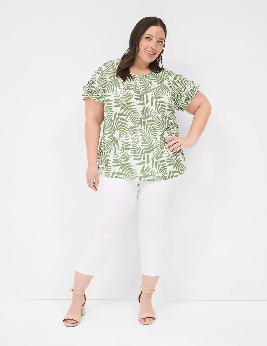 Women Lane Bryant Flutter-Sleeve Crew-Neck Top T Shirts Green | DUK1663RO