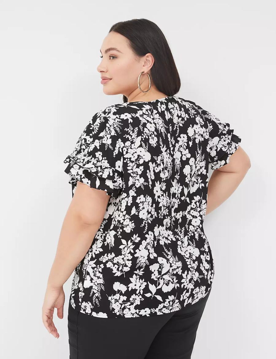 Women Lane Bryant Flutter-Sleeve Crew-Neck Top T Shirts Black | QFB5359HS