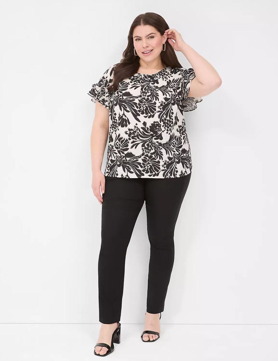 Women Lane Bryant Flutter-Sleeve Crew-Neck Top T Shirts Black | EHB1214KX