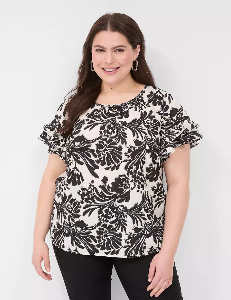 Women Lane Bryant Flutter-Sleeve Crew-Neck Top T Shirts Black | EHB1214KX