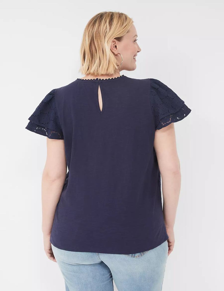 Women Lane Bryant Flutter-Sleeve Crew-Neck Blouse Blue | PGR2311XS