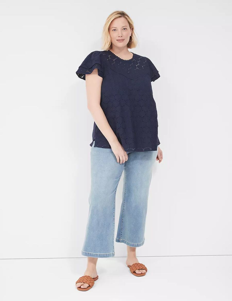 Women Lane Bryant Flutter-Sleeve Crew-Neck Blouse Blue | PGR2311XS