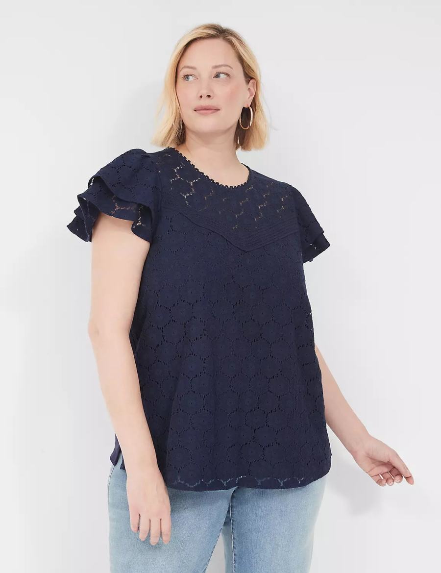 Women Lane Bryant Flutter-Sleeve Crew-Neck Blouse Blue | PGR2311XS