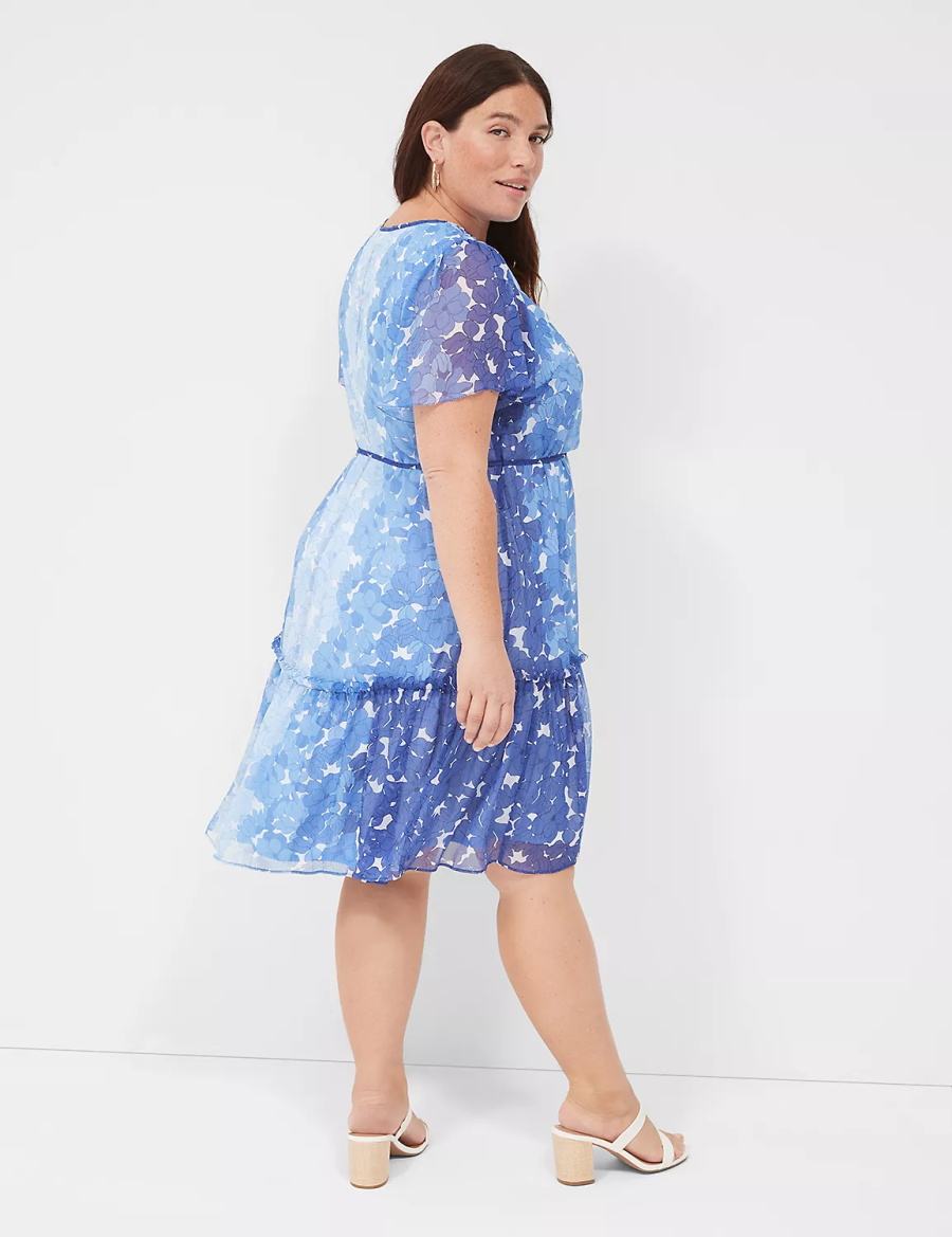 Women Lane Bryant Flutter-Sleeve Ruffle-Tier Casual Dress Blue | AHT6031QQ