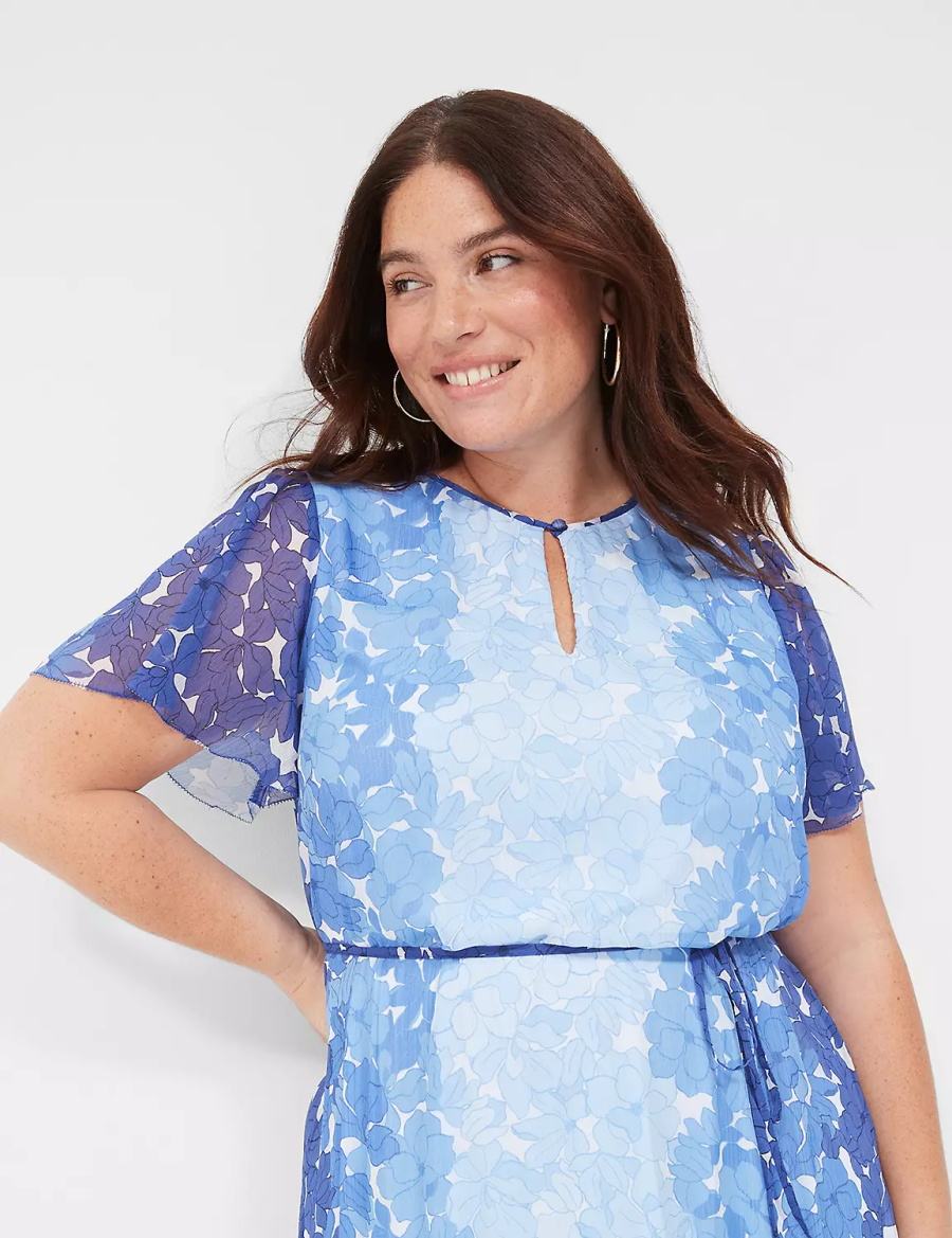 Women Lane Bryant Flutter-Sleeve Ruffle-Tier Casual Dress Blue | AHT6031QQ