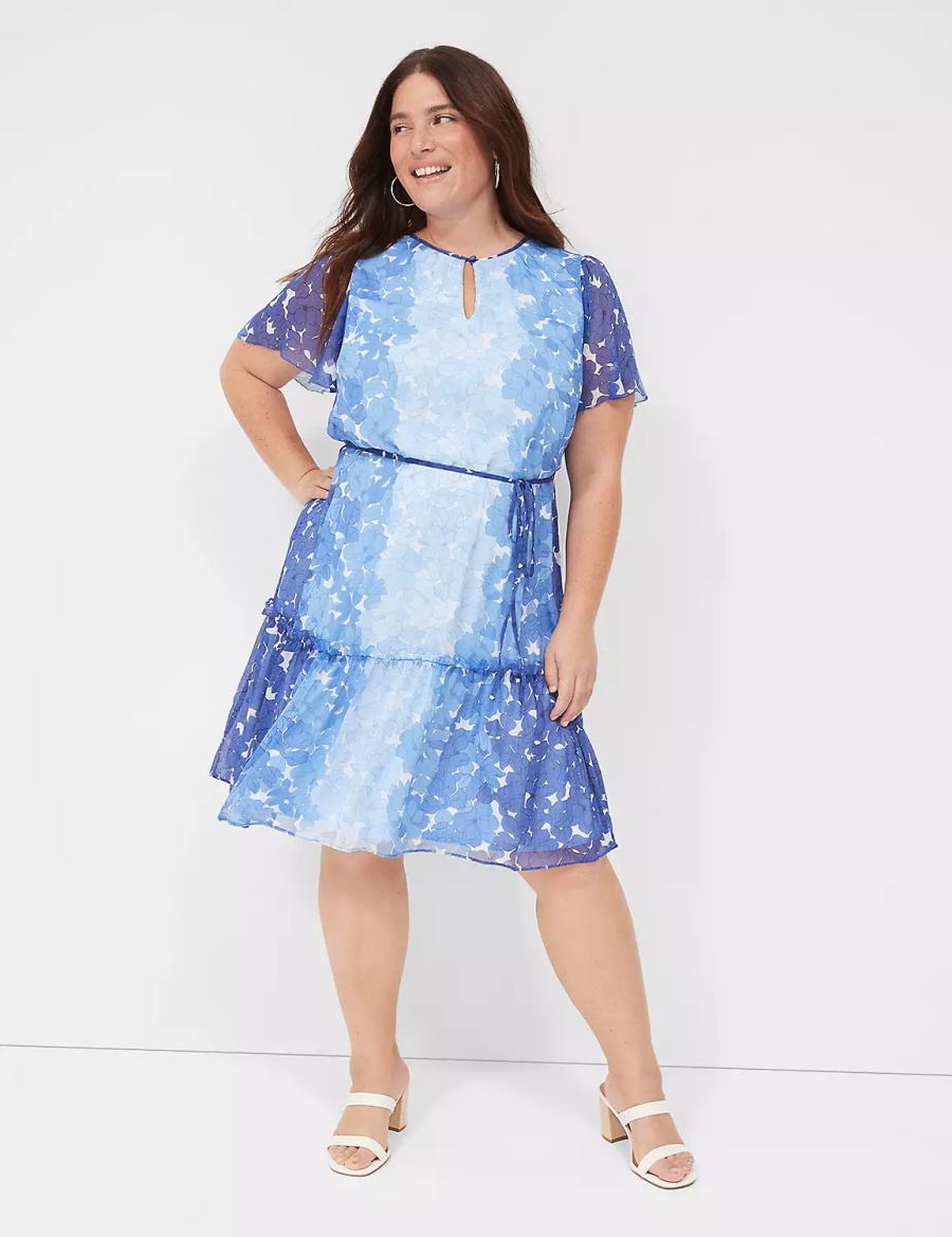 Women Lane Bryant Flutter-Sleeve Ruffle-Tier Casual Dress Blue | AHT6031QQ