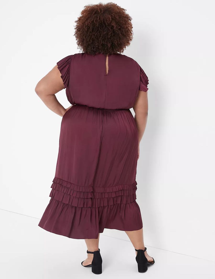 Women Lane Bryant Flutter-Sleeve Shirred Midi Dress Burgundy | DOR3881QY