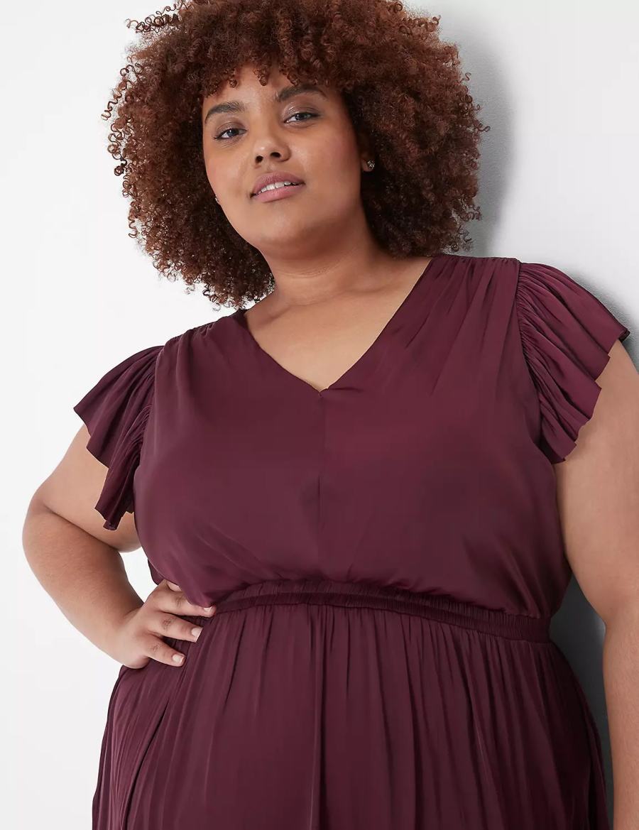 Women Lane Bryant Flutter-Sleeve Shirred Midi Dress Burgundy | DOR3881QY