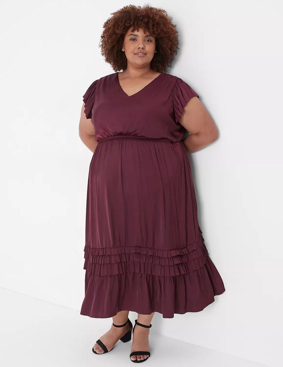 Women Lane Bryant Flutter-Sleeve Shirred Midi Dress Burgundy | DOR3881QY