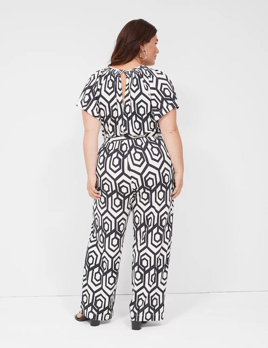 Women Lane Bryant Flutter-Sleeve Smocked-Neck Wide Leg Jumpsuit Navy | QET5968GK