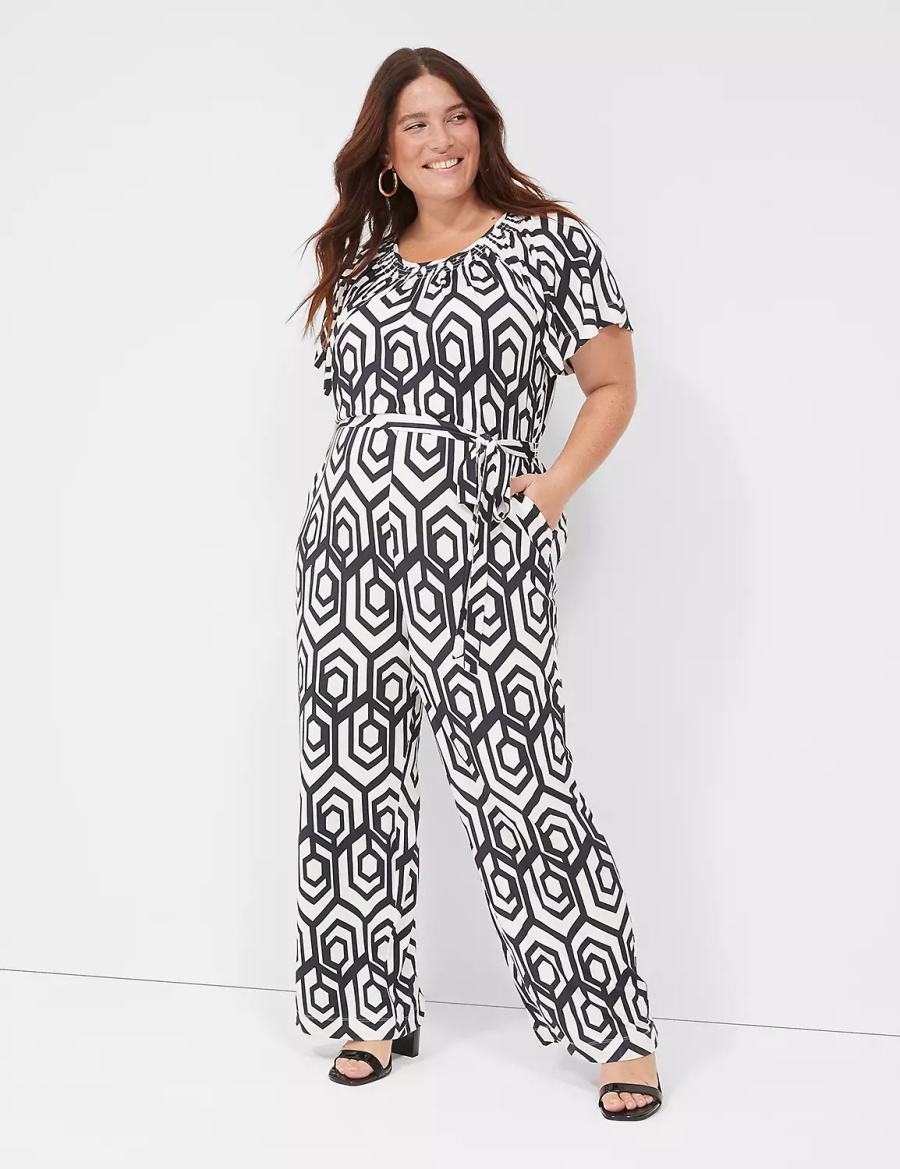 Women Lane Bryant Flutter-Sleeve Smocked-Neck Wide Leg Jumpsuit Navy | QET5968GK