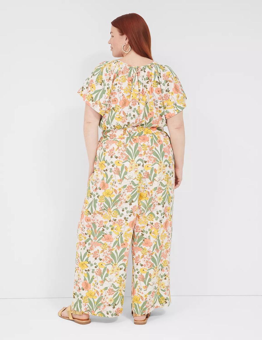 Women Lane Bryant Flutter-Sleeve Smocked-Neck Wide Leg Jumpsuit Yellow Multicolor | OFQ6874FG