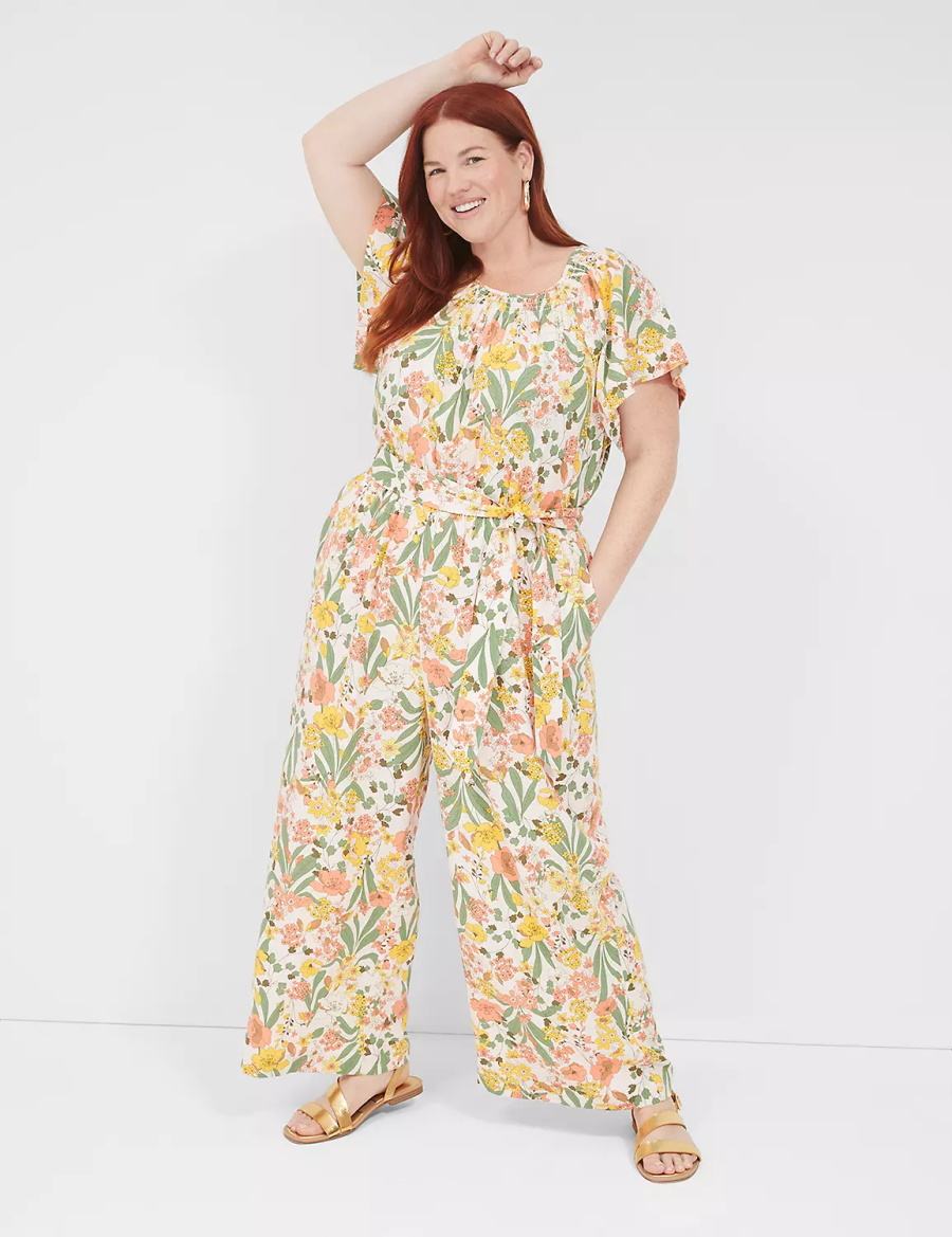 Women Lane Bryant Flutter-Sleeve Smocked-Neck Wide Leg Jumpsuit Yellow Multicolor | OFQ6874FG