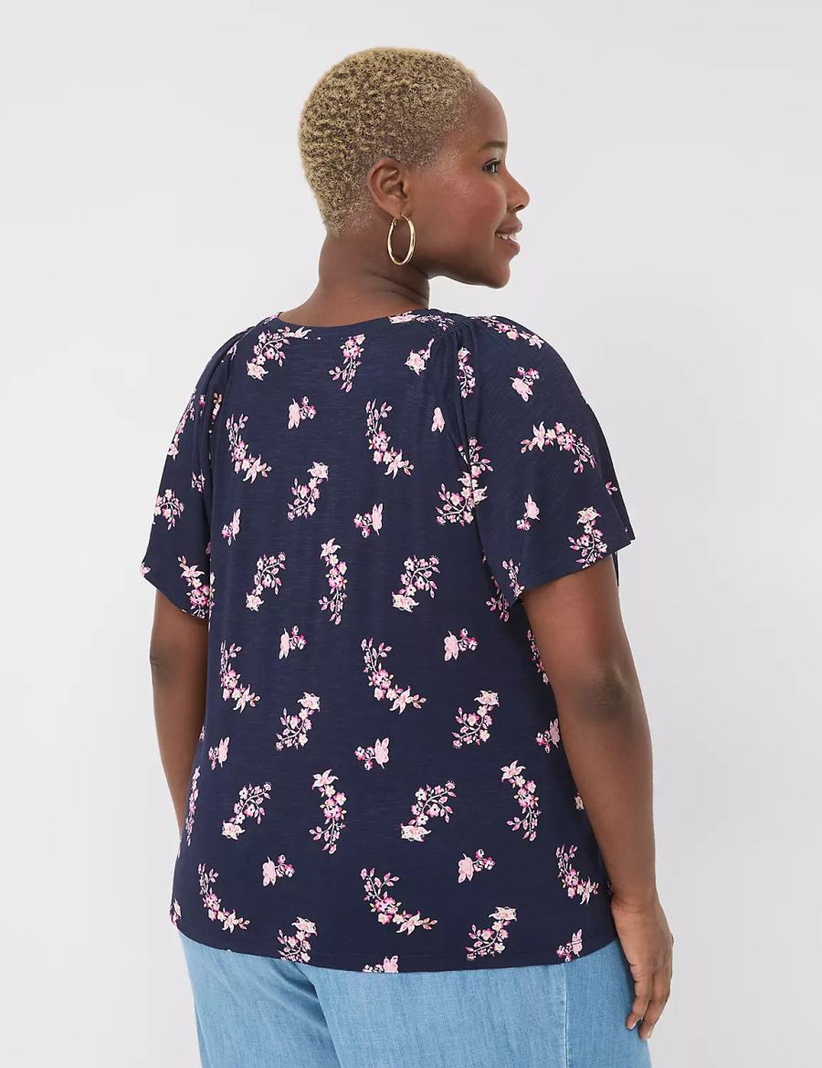 Women Lane Bryant Flutter-Sleeve Smocked Top T Shirts Pink Navy | FNE7480TP