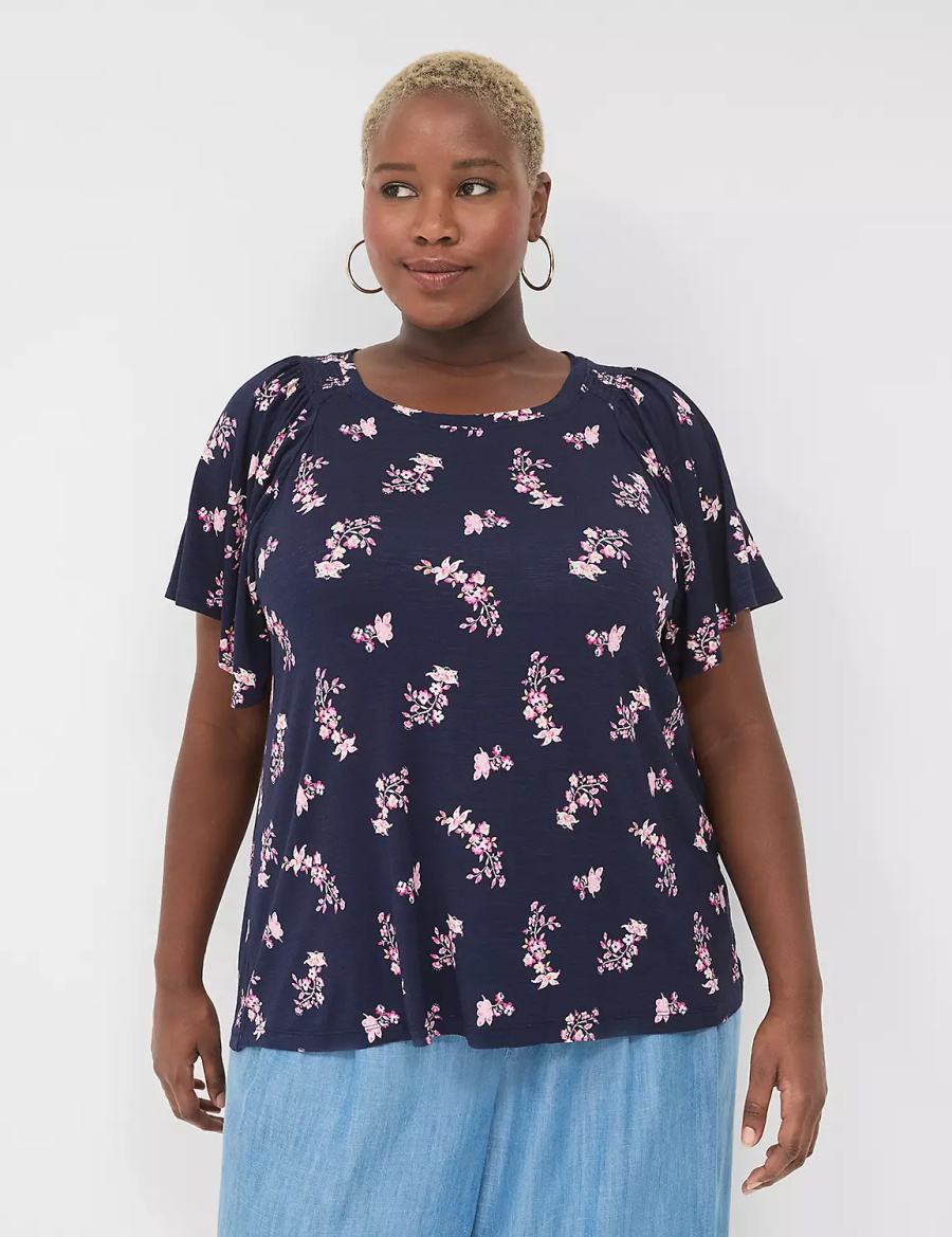 Women Lane Bryant Flutter-Sleeve Smocked Top T Shirts Pink Navy | FNE7480TP