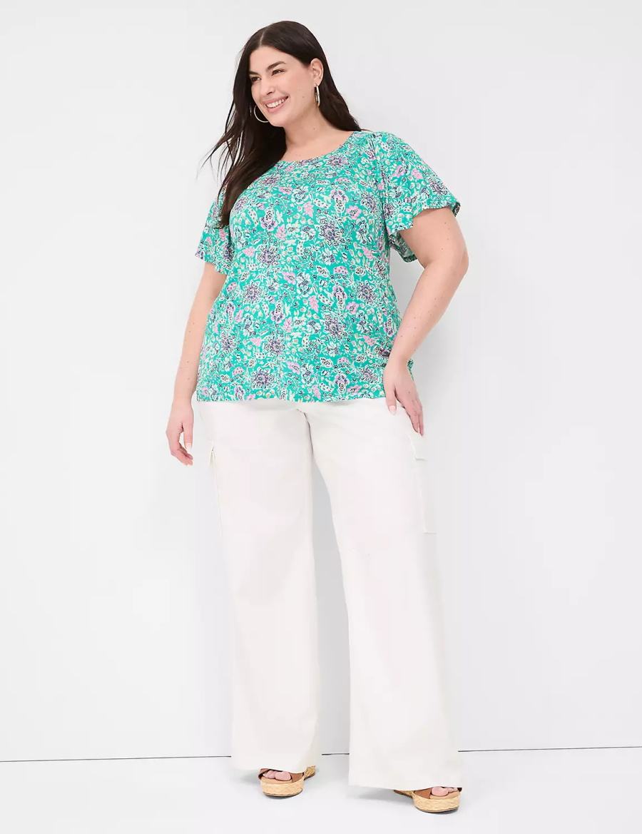 Women Lane Bryant Flutter-Sleeve Smocked Top T Shirts Light Turquoise | HFT1899TM