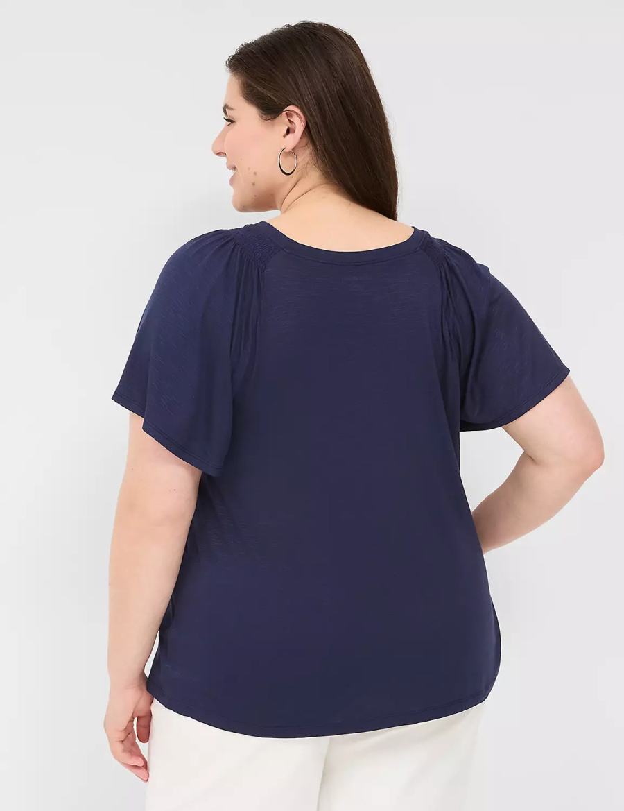 Women Lane Bryant Flutter-Sleeve Smocked Top T Shirts Blue | NBX5323XS