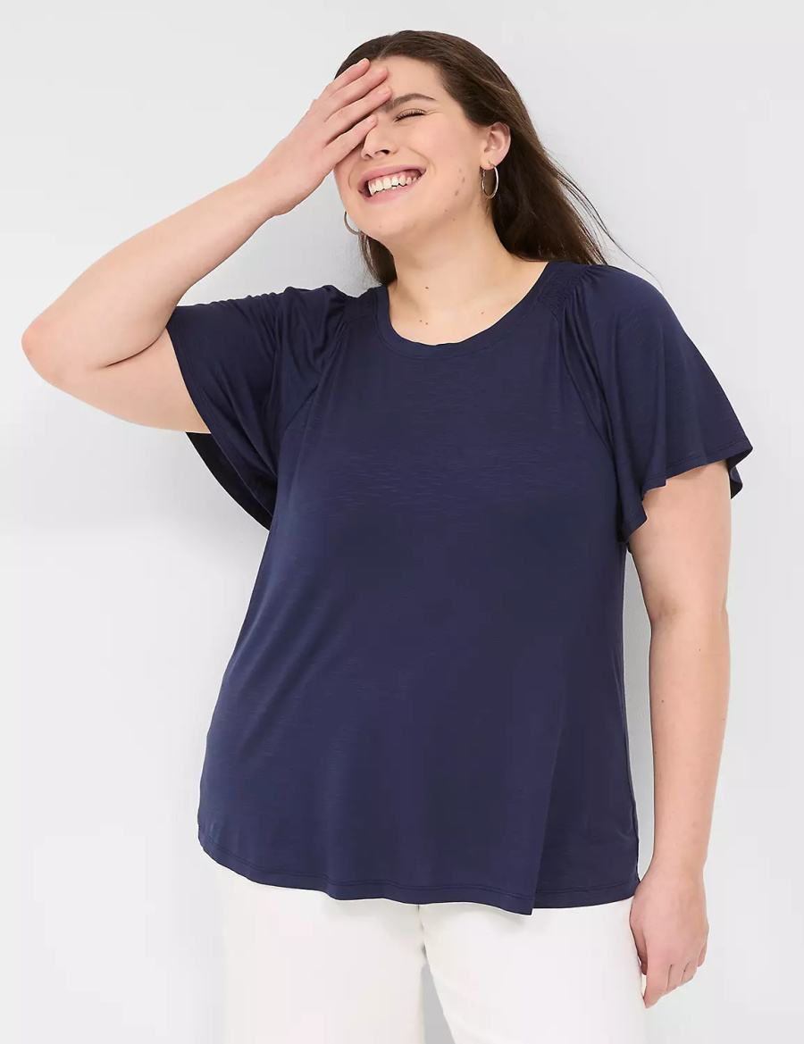 Women Lane Bryant Flutter-Sleeve Smocked Top T Shirts Blue | NBX5323XS