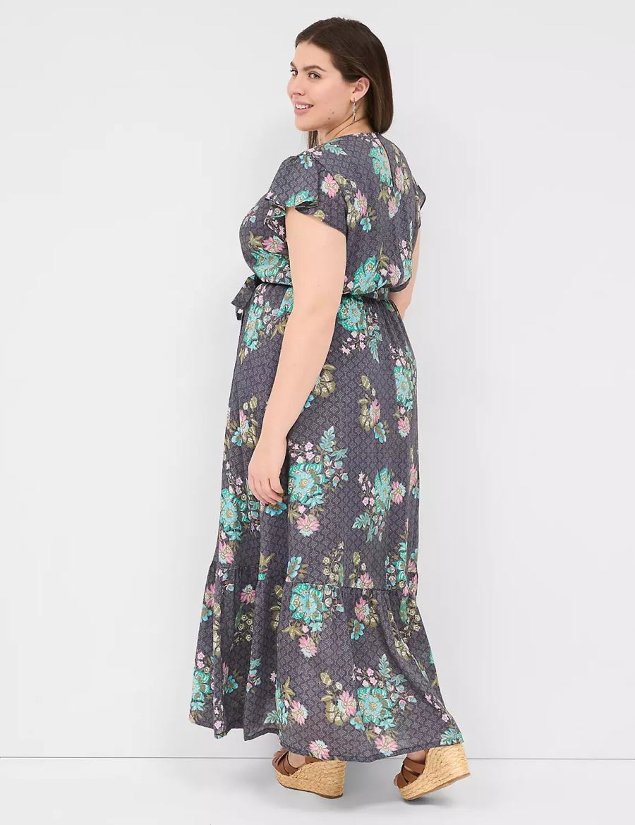 Women Lane Bryant Flutter-Sleeve Surplice-Neck Maxi Dress Black Green | ACU5445WI