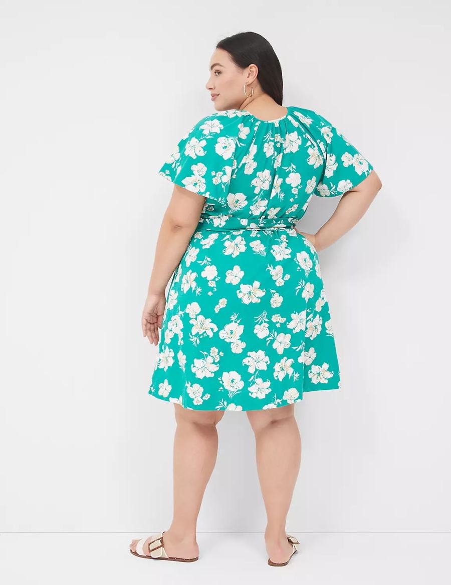 Women Lane Bryant Flutter-Sleeve Tie-Waist Casual Dress Turquoise | WDZ6976NH