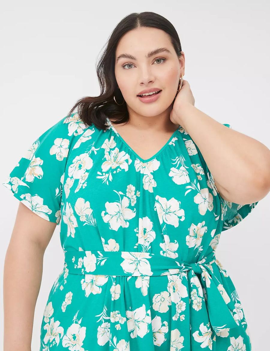 Women Lane Bryant Flutter-Sleeve Tie-Waist Casual Dress Turquoise | WDZ6976NH